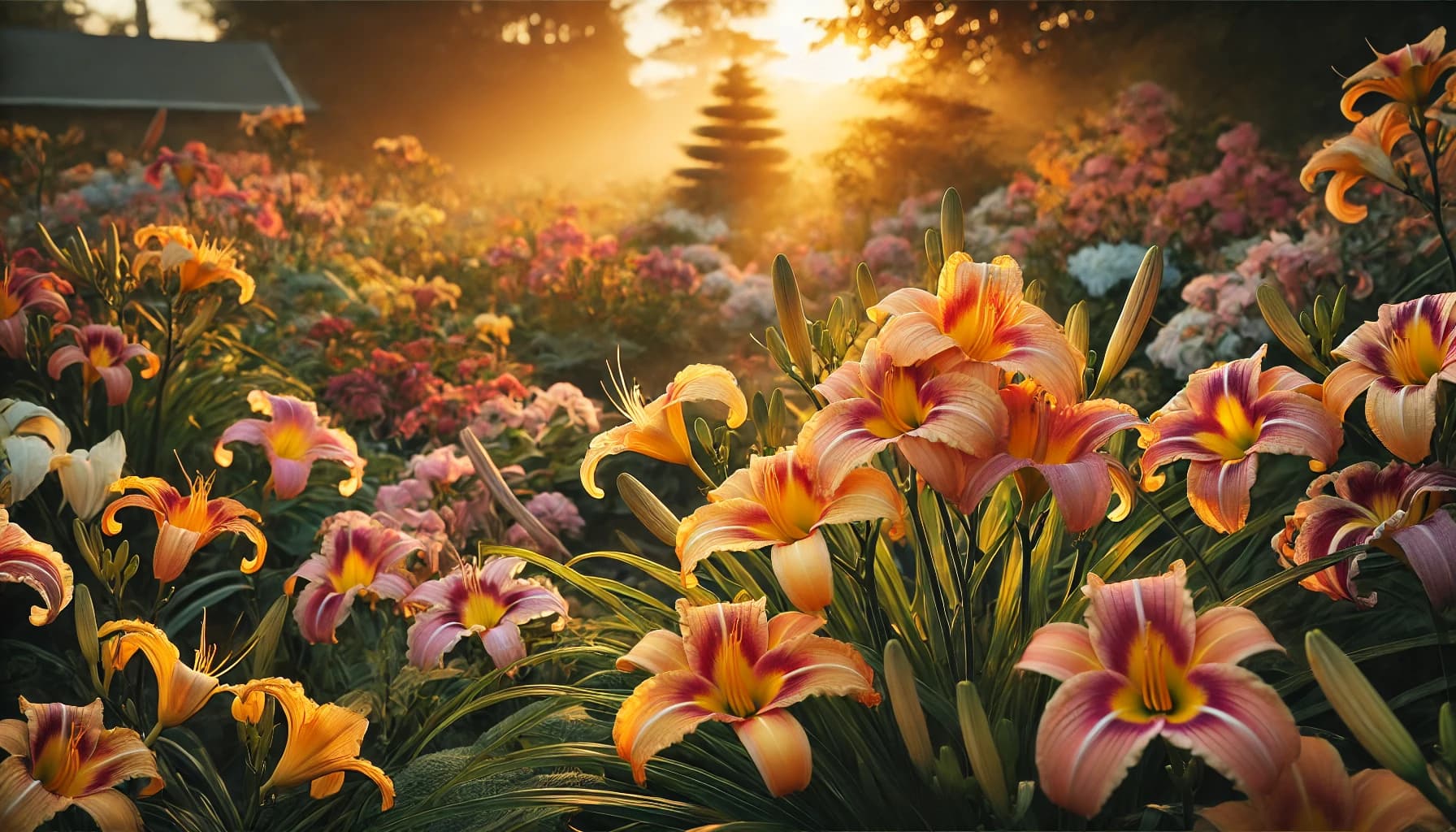 Thriving daylily garden at sunset